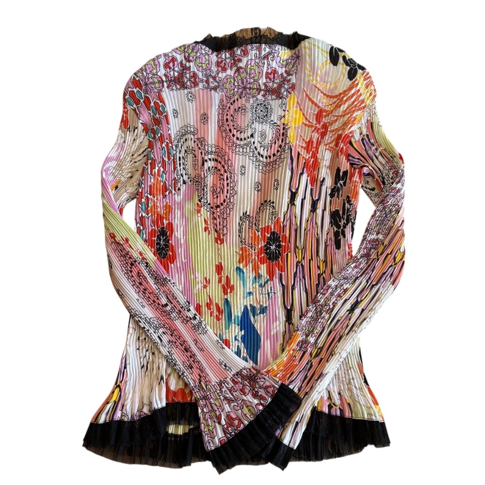 Alberto Makali‎ Y2K Pleated Floral Blouse Ruffle Neck Applique Art to Wear Sz L - Picture 2 of 8